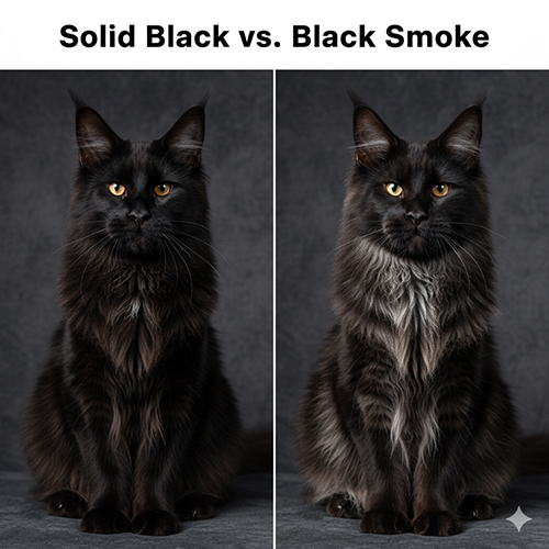 So sánh mèo Maine Coon solid black và black smoke để thấy sự khác biệt về lớp lông và hiệu ứng ánh sáng
