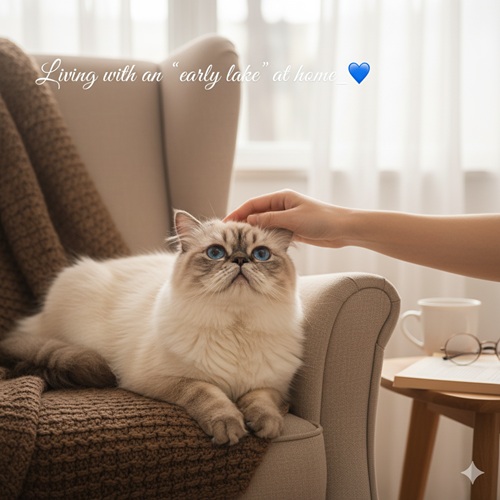 Mèo Ba Tư lông sáng mắt xanh nằm thư giãn trên ghế bành cạnh cửa sổ, được một bàn tay vuốt ve trong không gian phòng khách ấm cúng