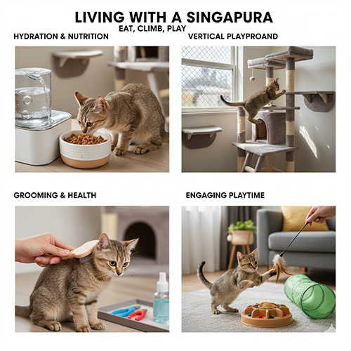 Sống chung với mèo Singapore (Singapura): ăn uống đủ ẩm, leo dọc, chải chuốt và chơi ngắn mỗi ngày
