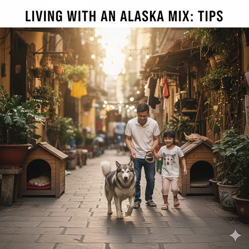 Gia đình Việt dắt chó Alaska lai chó ta đi dạo trong hẻm nhà phố, không khí sinh hoạt gần gũi