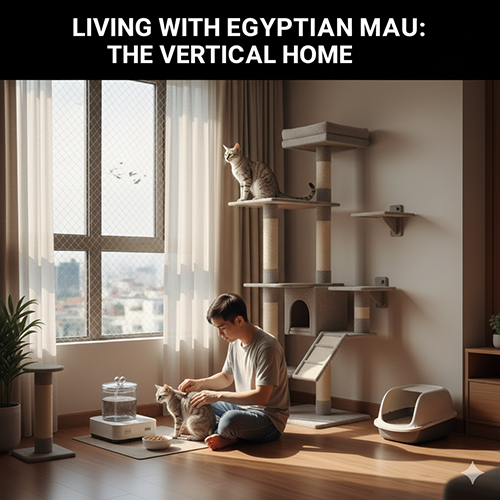 Egyptian Mau sống trong căn hộ với cat tree và kệ leo, không gian dọc nhiều ánh sáng tự nhiên