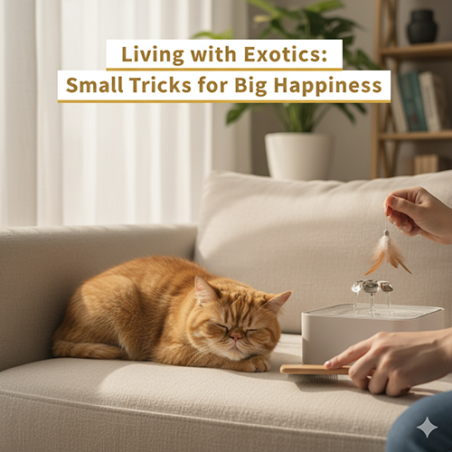 Mèo Ba Tư lông ngắn màu vàng cam nằm thư giãn trên sofa, chủ đang cầm cần câu và bàn chải cạnh fontain nước.