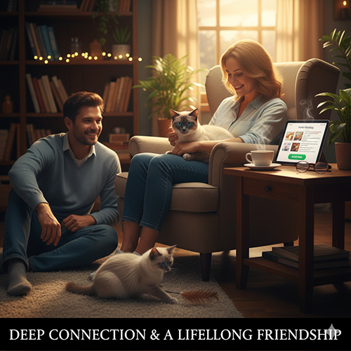 Cặp đôi thư giãn buổi tối cùng hai mèo Xiêm trong phòng khách ấm áp, tạo cảm giác gắn kết và hạnh phúc