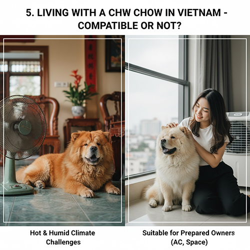 Hai chú Chow Chow trong điều kiện sống tại Việt Nam: một bé nằm cạnh quạt trong thời tiết nóng ẩm và một bé được chủ chăm sóc trong phòng có điều hòa
