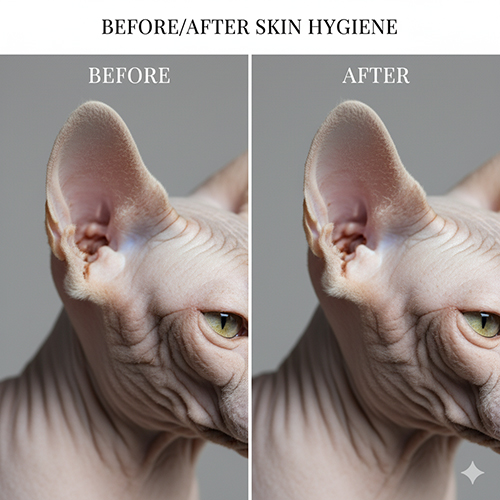 So sánh before và after vệ sinh da tai của mèo Sphynx, nếp da sạch và sáng hơn sau khi lau