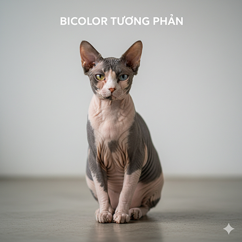 Mèo Sphynx bicolor ngồi trên nền trơn với hai mảng màu rõ rệt