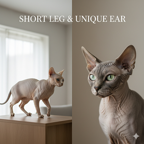 Mèo Sphynx chân ngắn đang bước trên mặt bàn và một mèo Sphynx tai đặc chụp chân dung cận mặt