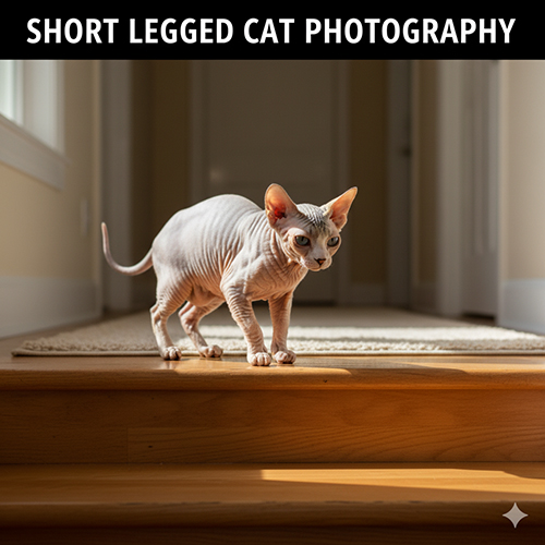 Mèo Sphynx chân ngắn bước xuống bậc thềm trong ánh sáng nắng xiên