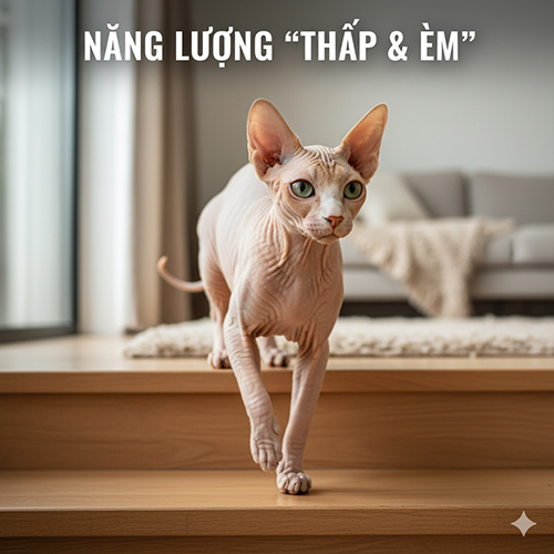 Mèo Sphynx chân ngắn bước xuống bậc thấp trong phòng sáng