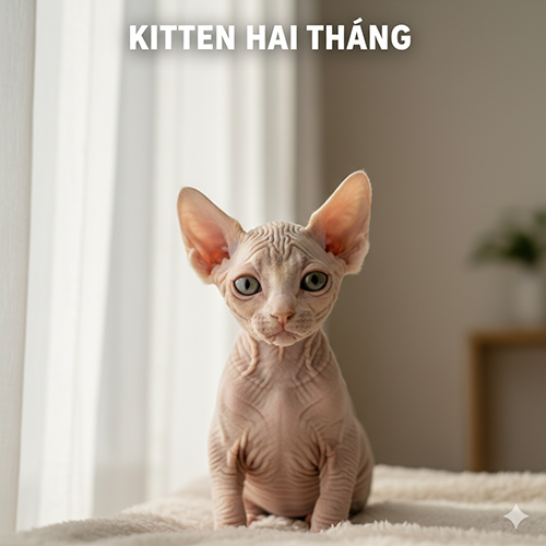 Mèo Sphynx kitten hai tháng tuổi ngồi trên chăn sáng cạnh cửa sổ