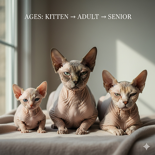 Ba mèo Sphynx ở ba lứa tuổi kitten, trưởng thành và senior ngồi cạnh nhau dưới ánh sáng cửa sổ