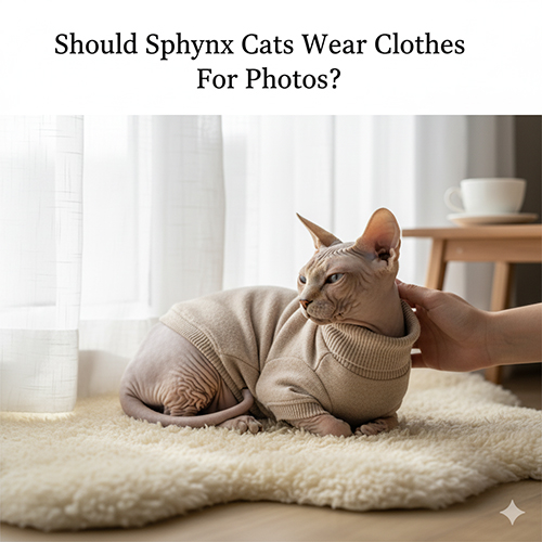 Mèo Sphynx mặc áo mỏng ngồi trên thảm lông, được chủ vuốt nhẹ trong ánh sáng dịu