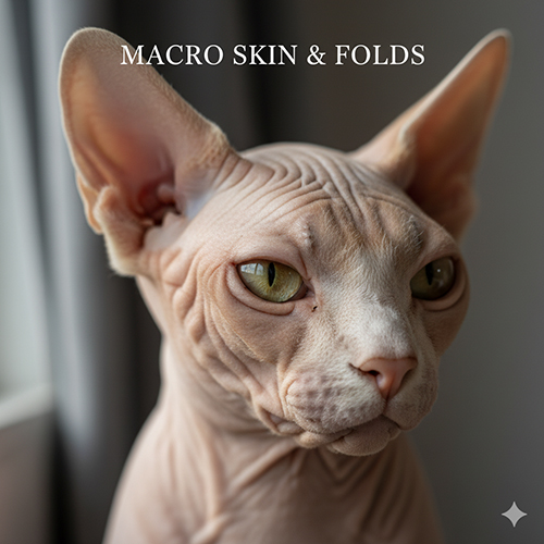 Cận cảnh mèo Sphynx không lông với nếp da và texture rõ nét dưới ánh sáng cửa sổ