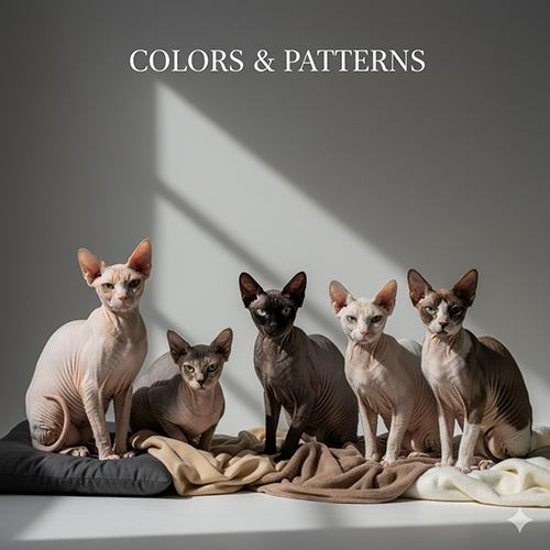 Năm mèo Sphynx với các màu da và hoa văn khác nhau ngồi trên chăn dưới ánh sáng xiên