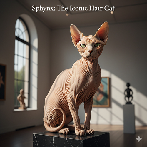 Mèo Sphynx tạo dáng trên bệ trưng bày trong phòng triển lãm, minh họa cho đặc điểm nhận diện giống mèo không lông phổ biến nhất