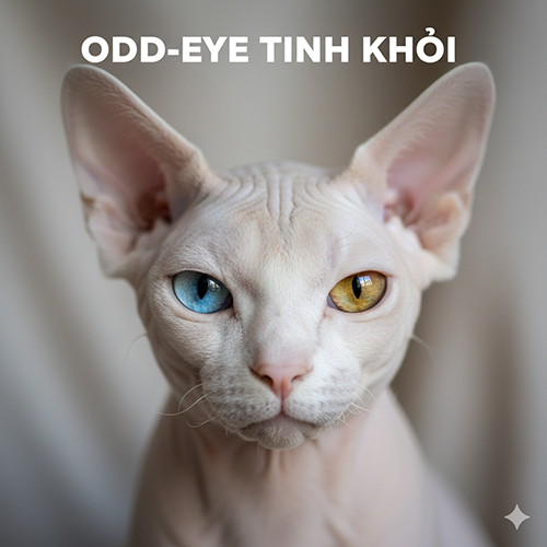 Mèo Sphynx trắng ngà mắt hai màu odd-eye nhìn thẳng vào ống kính