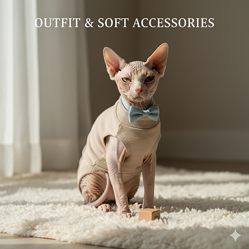 Mèo Sphynx mặc áo be và đeo nơ mềm ngồi trên thảm lông ngắn trong ánh sáng dịu