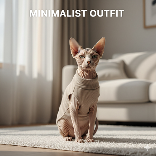 Mèo Sphynx mặc áo be tối giản ngồi trên thảm trong phòng sáng