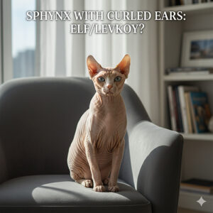 Mèo Sphynx tai xoắn ngồi trên ghế, minh họa cho phân biệt Elf và Levkoy cùng các lưu ý phúc lợi.