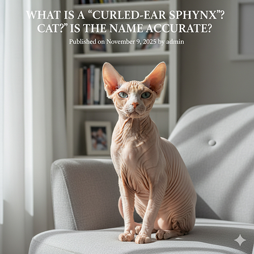 Mèo Sphynx tai xoắn ngồi trên ghế, minh họa giải thích Elf và Levkoy cùng độ chính xác của tên gọi.