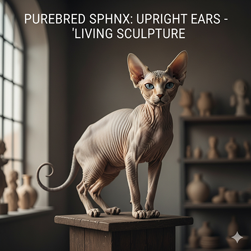Mèo Sphynx thuần đứng trên bục gỗ trong phòng nghệ thuật, tai dựng thẳng đúng chuẩn giống.