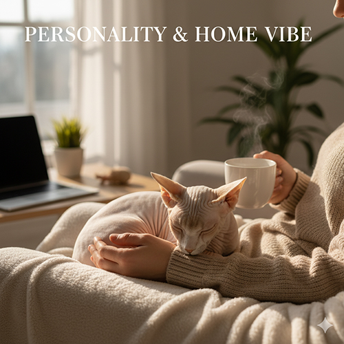 Mèo Sphynx ngủ trên tay người trong căn phòng sáng với vibe ấm áp và gần gũi