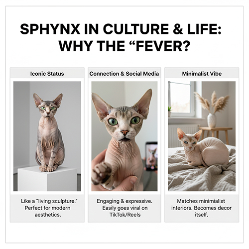 Ba hình mèo Sphynx với phong cách điêu khắc sống, biểu cảm gần gũi và vibe tối giản