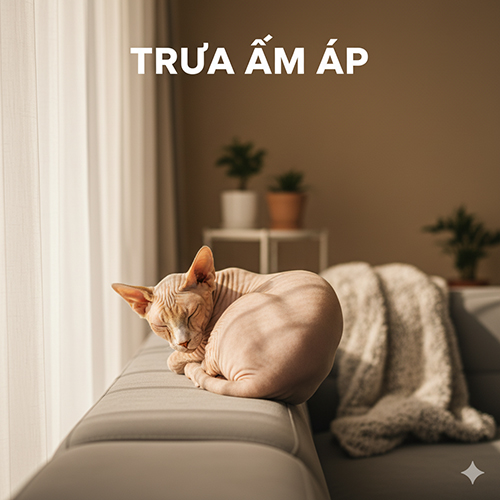 Mèo Sphynx nằm ngủ trên thành ghế trong ánh nắng gián tiếp buổi trưa