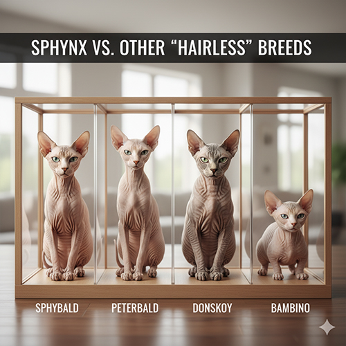 Bốn giống mèo không lông gồm Sphynx, Peterbald, Donskoy và Bambino được đặt trong khung trưng bày