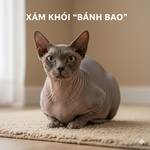 Mèo Sphynx màu xám khói ngồi dáng bánh bao trên thảm be