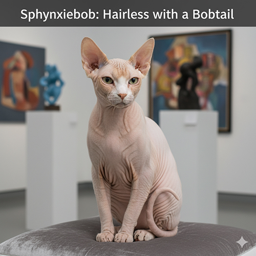 Mèo Sphynxiebob ngồi trong phòng trưng bày nghệ thuật, không lông và có đuôi cụt đặc trưng