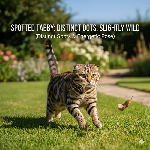 Mèo Scottish Fold spotted tabby với đốm tròn rõ trên lưng, chạy chơi trên bãi cỏ ngoài vườn nắng.