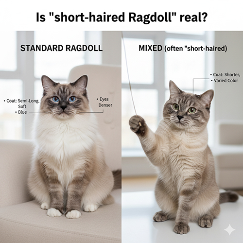 So sánh mèo Ragdoll tiêu chuẩn lông bán dài với mèo mix thường bị rao là “Ragdoll lông ngắn”, cho thấy khác biệt coat và mắt.