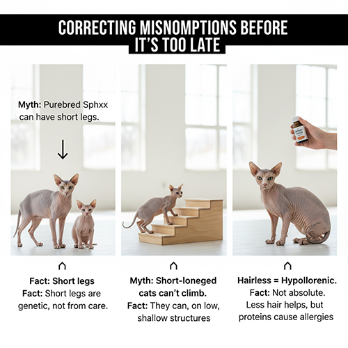 Ba hình minh họa các hiểu lầm phổ biến về mèo không lông chân ngắn, như chân ngắn do nuôi, không leo được và không lông là không dị ứng