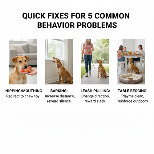 Bốn tình huống huấn luyện chó cỏ: cắn tay, sủa, kéo dây và xin ăn trên bàn; minh họa các cách sửa nhanh hành vi sai phổ biến.