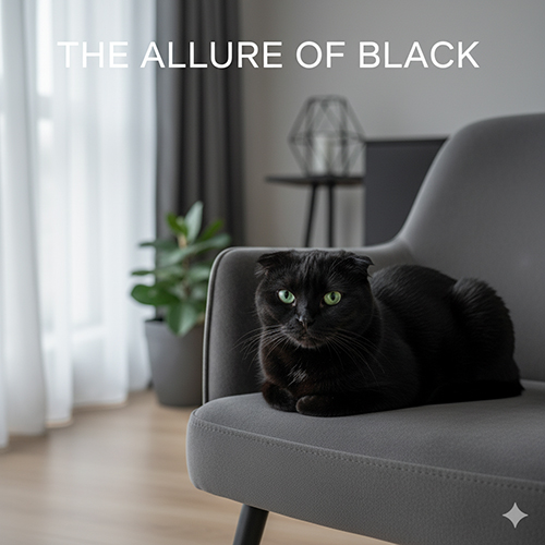 Scottish Fold đen nằm trên ghế xám trong căn hộ tối giản, mắt xanh nổi bật; minh họa “sức hút màu đen” và lưu ý ánh sáng tự nhiên