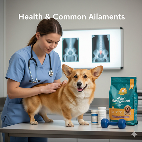 Bác sĩ thú y đang khám sức khỏe cho chó Golden lai Corgi chân ngắn trên bàn khám, bên cạnh là thức ăn kiểm soát cân nặng