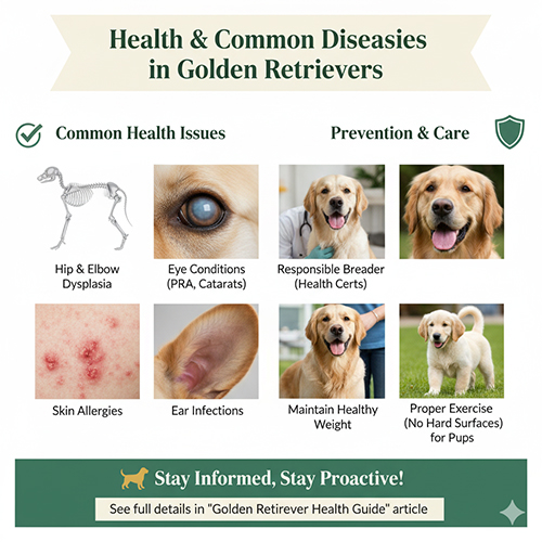 Infographic sức khỏe và bệnh thường gặp ở chó Golden Retriever: loạn sản xương hông, bệnh mắt, dị ứng da, viêm tai và các cách phòng ngừa cơ bản