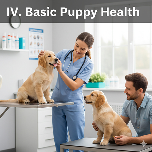 Bác sĩ thú y kiểm tra sức khỏe cho hai chó con Golden Retriever trong phòng khám, bên cạnh là chủ đang mỉm cười động viên.