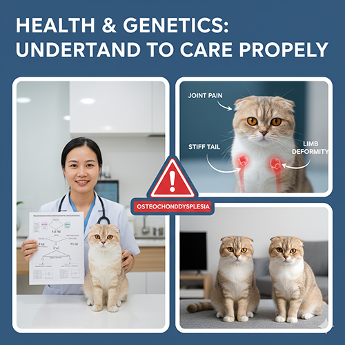 Bác sĩ thú y cùng mèo Scottish Fold trong phòng khám, kèm hình minh họa các vị trí đau khớp và biến dạng chi do bệnh xương sụn