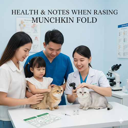 Gia đình cùng bác sĩ thú y kiểm tra tai và tư vấn tiêm phòng cho hai mèo Munchkin Fold chân ngắn tai cụp