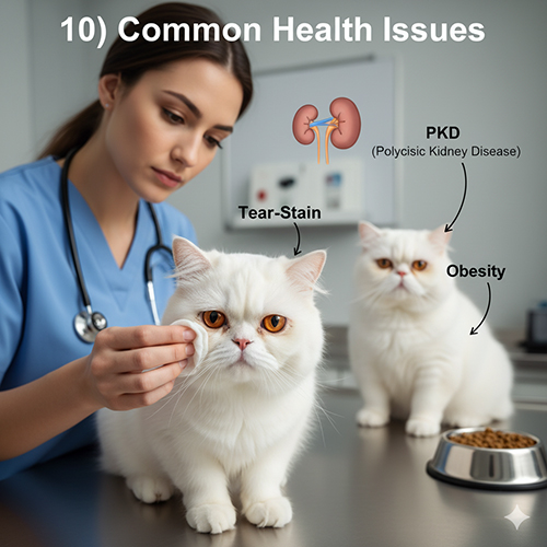 Hai mèo Ba Tư lông dài màu trắng tại phòng khám thú y, một bé được lau mắt và hình minh họa PKD, tear-stain, béo phì