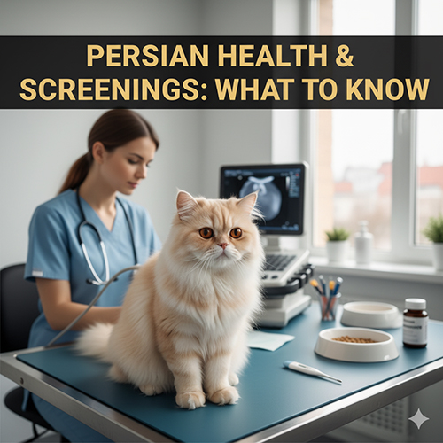 Mèo Ba Tư đang được bác sĩ thú y kiểm tra trên bàn khám, minh họa các vấn đề sức khỏe đặc trưng và tầm soát cần có.