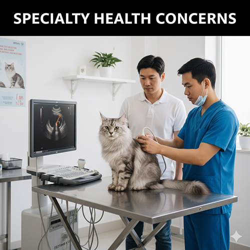Bác sĩ thú y kiểm tra mèo Mỹ lông dài bằng máy siêu âm, minh họa các vấn đề sức khỏe hay gặp và cách theo dõi sớm