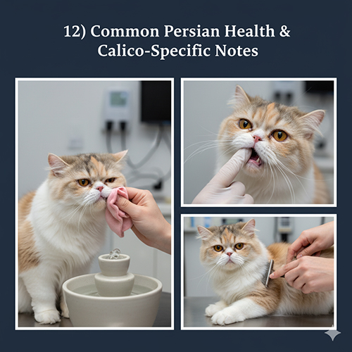 Mèo Ba Tư tam thể được kiểm tra miệng, lau mặt và chải lông tại phòng khám thú y