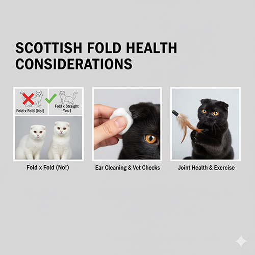 Bộ ảnh hướng dẫn chăm sức khỏe mèo tai cụp gồm phối giống Fold × Straight, lau tai bằng bông, và mèo đen chơi cần câu lông