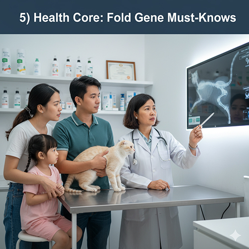 Gia đình mang mèo đến phòng khám thú y, bác sĩ chỉ vào hình X-quang trên màn hình để giải thích vấn đề về gene Fold và xương khớp – minh họa cho phần sức khỏe của mèo tai cụp lai ta.