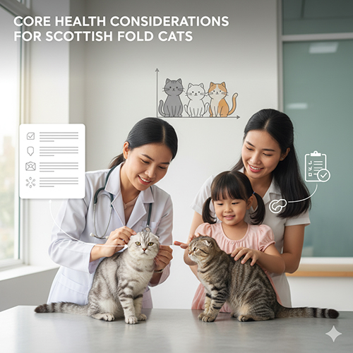 Bác sĩ thú y kiểm tra mèo Scottish Fold tabby cùng mẹ và bé trong phòng khám sáng, thể hiện chăm sóc sức khỏe định kỳ.