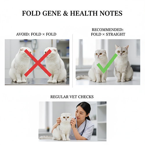 Hình minh họa phối giống mèo tai cụp đúng cách và bác sĩ thú y kiểm tra sức khỏe cho mèo Scottish Fold trắng.