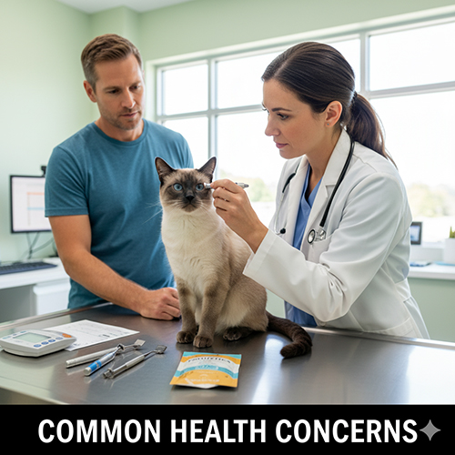 Bác sĩ thú y kiểm tra mắt cho mèo Xiêm trong phòng khám cùng chủ nhân, thể hiện chăm sóc sức khỏe định kỳ